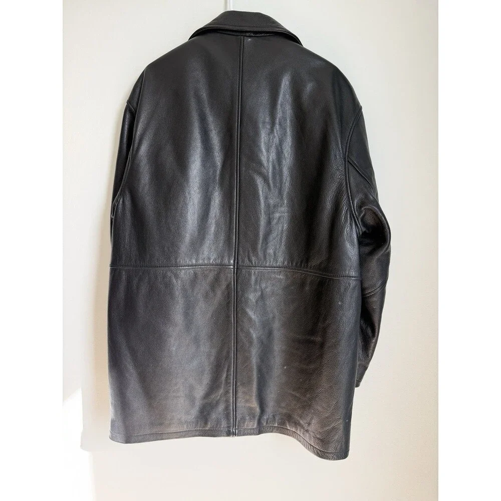 Men’s Black Leather Coat-Thinsulate Zip Out Lining-Large-Buttons-Oakwood Brand